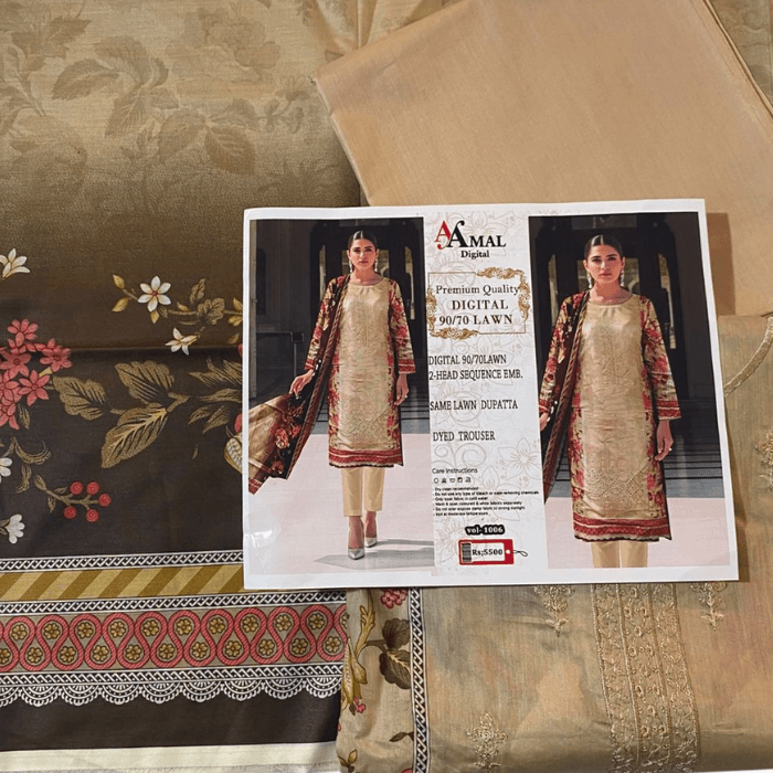 Aamal Digital Premium Quality Lawn 2head Sequence Emb Shirt Same Dupatta Dyed Trouser