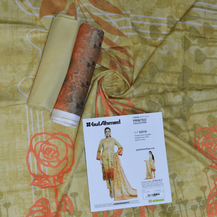gulahmed 3pc unstitched printed lawn collection cl 42098 printed lawn shirt , dupatta and dyed trouser 