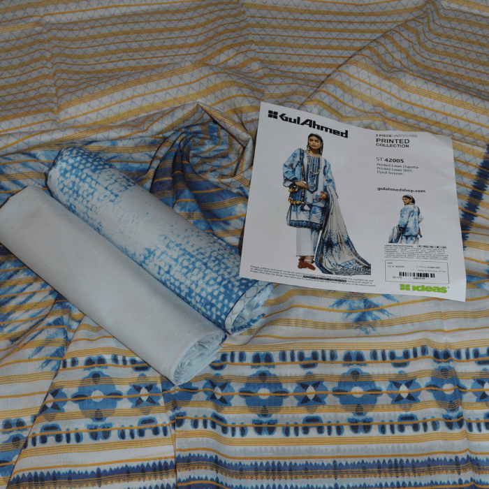 gulahmed 3pc unstitched printed lawn collection cl 42098 printed lawn shirt , dupatta and dyed trouser 