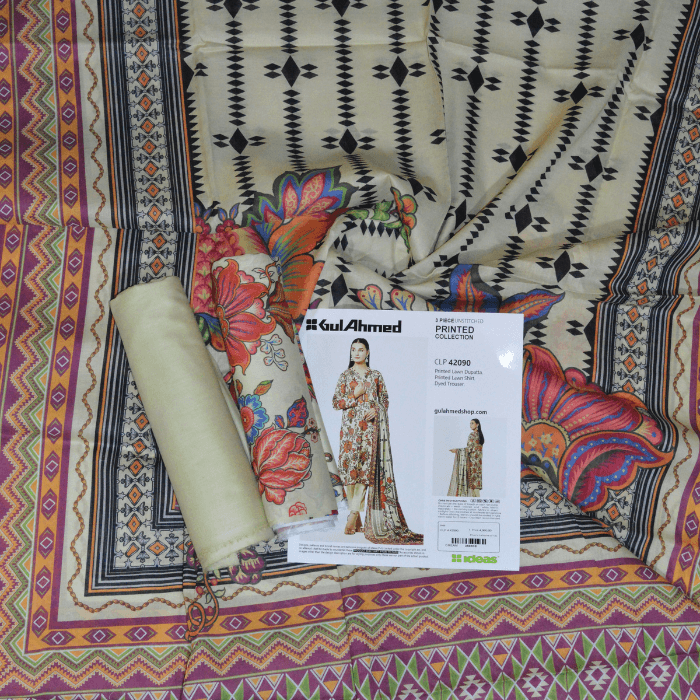 gulahmed 3pc unstitched printed lawn collection cl 42098 printed lawn shirt , dupatta and dyed trouser